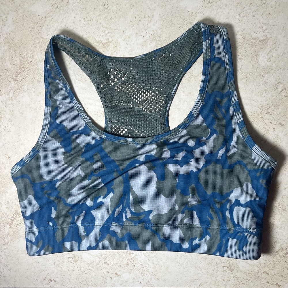 Zyia Racerback Sports Bra Size Medium Blue Green Camo Mesh Knit Lace‎ Detail EUC